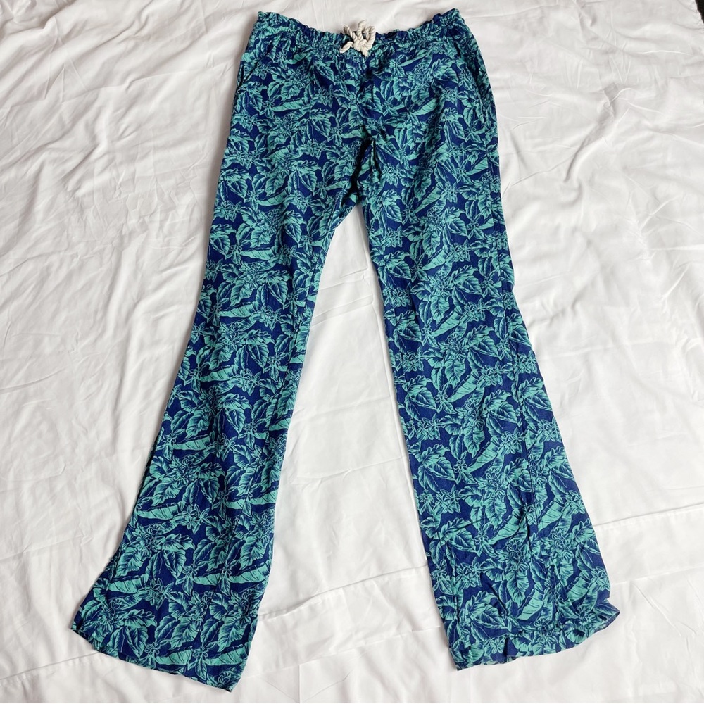 ROXY TROPICAL FLORAL GREEN BLUE LINEN STRAIGHT LEG BEACH PANT